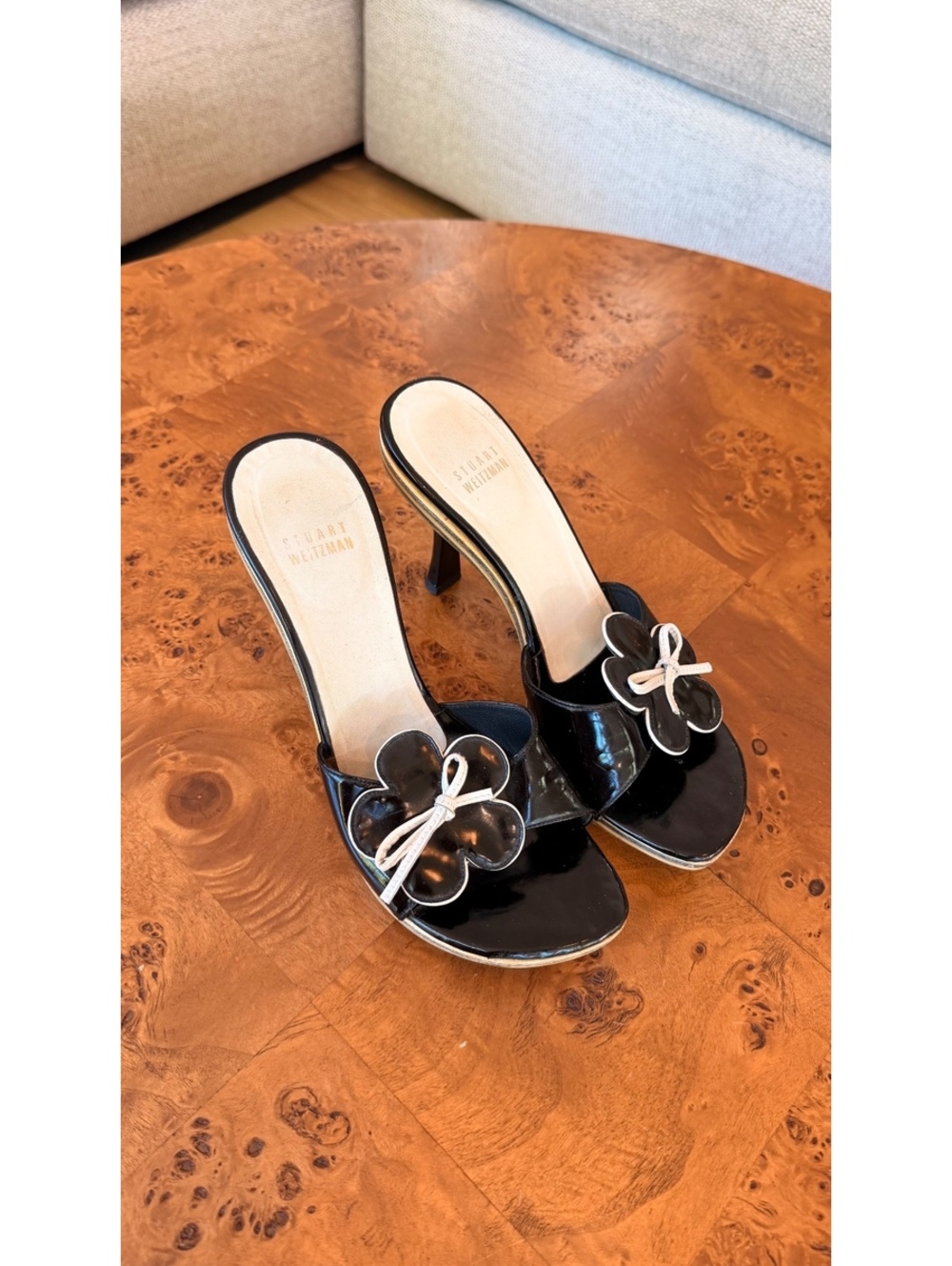 Stuart Weitzman Black Patent Leather Flower Detail Mule Heels